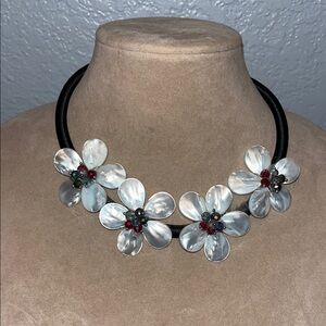 Elegant Floral Necklace with Black and Real White Sea shell Accents